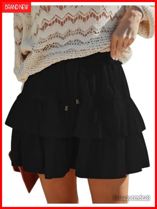 Pants - Flowy Ruffle Tiered High-Waist Skort with Drawstring for Tennis Golf